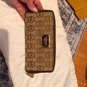 Michael Kors Tan and Brown Logo Zip Wallet